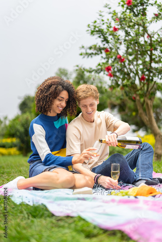 Couple celebrating with champagne on a picnic