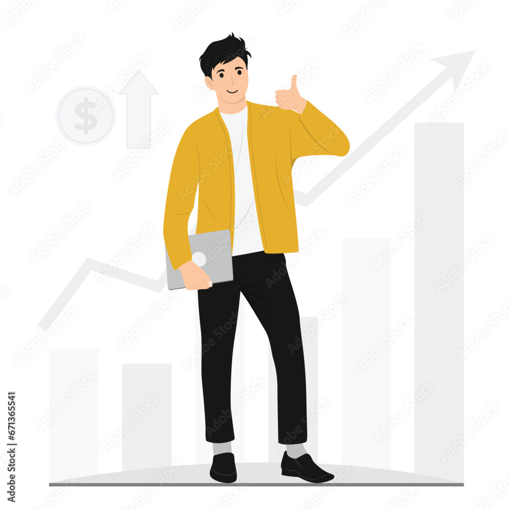 Flat vector man hold laptop showing thumb up job done marketing Flat vector man hold laptop showing thumb up job done marketing