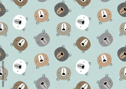 cute hand drawn teddy bears different color shades, grey, brown, beige on a blue neutral background for girl or boy, kids seamless pattern for textile
