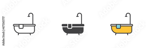 Bathtub with shower and towel different style icon set