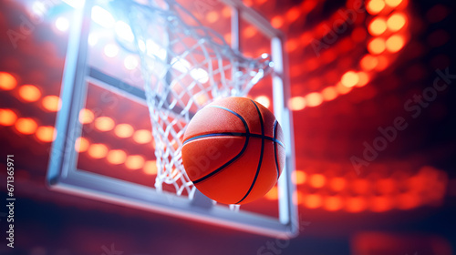 The Thrilling Game of Basketball: Ball in Hoop Action,Abstract Basketball Panoramic ,, Basket, Victory, Championship, Players Background  photo