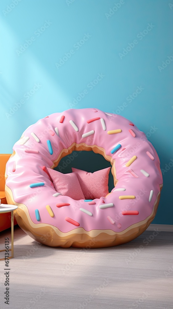 Artificial food decor, unusual donut sofa, bright and unusual. Pink and blue colors. Artificial food decor, unusual donut sofa, bright and unusual. Pink and blue colors.