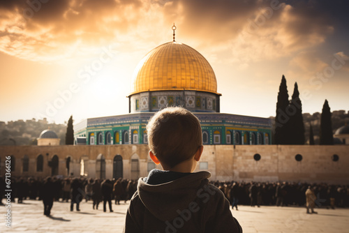 Palestine kid or child looking at al aqsa mosque with free palestine aqsa mosque protect concept.