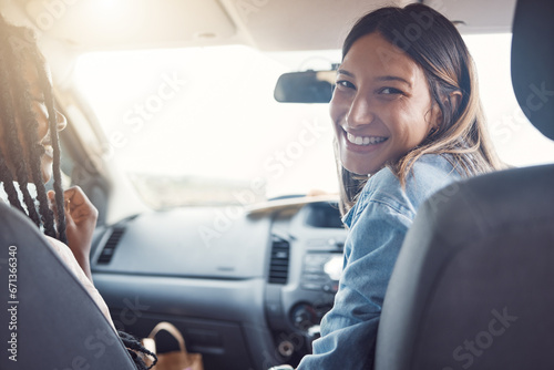 Car road trip, happy portrait and woman relax on travel adventure for peace, wellness and outdoor freedom, Summer safari holiday, driving van and fun friends smile on Australia transportation journey photo