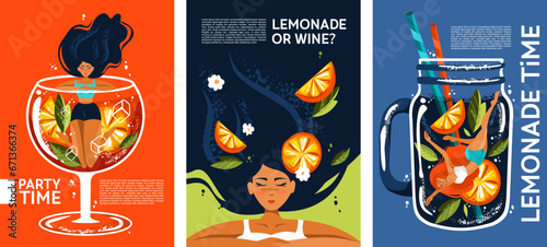 Stylish illustration of a woman, cocktail and lemonade. Flat style for menus, advertisements, prints, postcards, posters and other