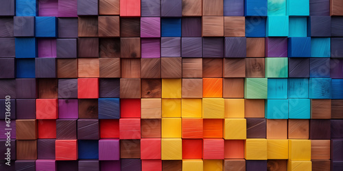 Abstract colorful wooden wall of colored wooden cubes or block background with rich color palette, textured canvases and wood sculptor.