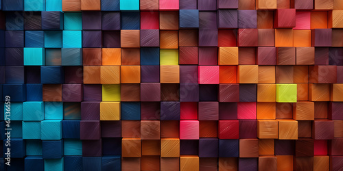 Abstract colorful wooden wall of colored wooden cubes or block background with rich color palette, textured canvases and wood sculptor.