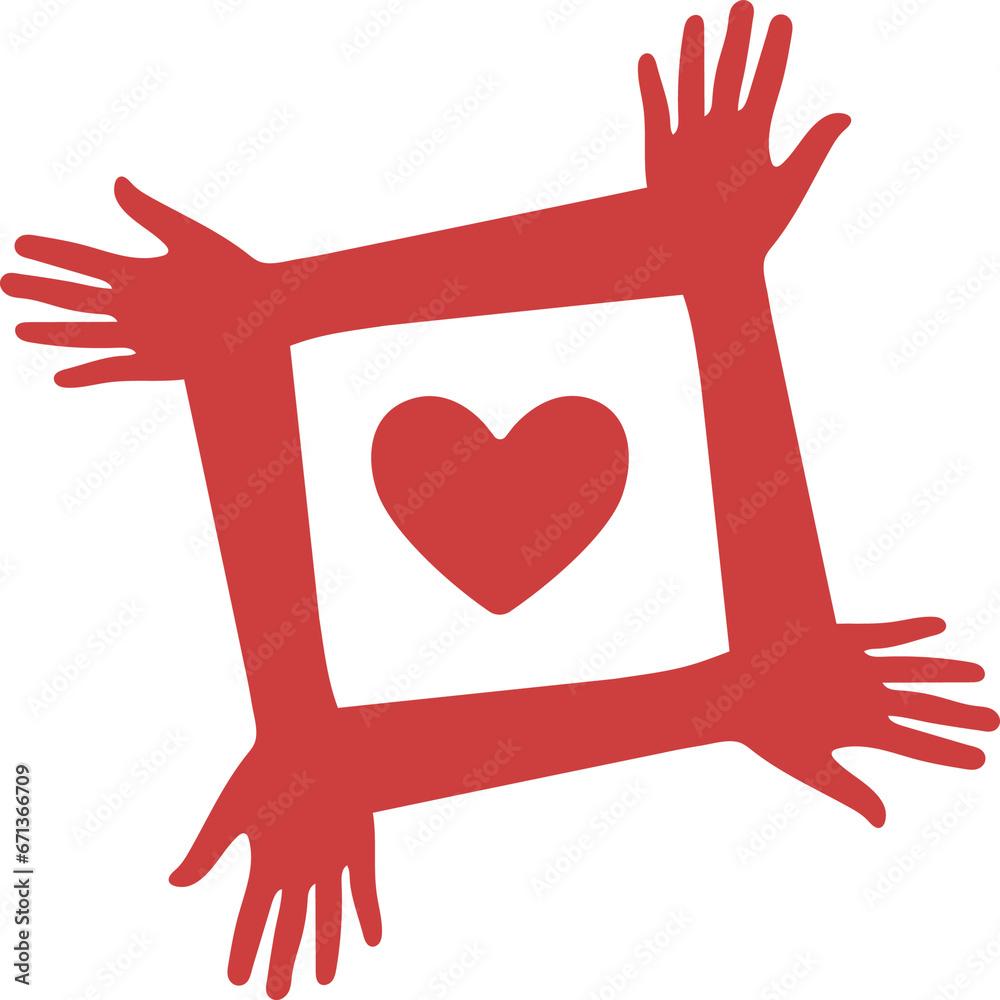 Fototapeta premium Digital png illustration of red heart and four hands pattern on transparent background