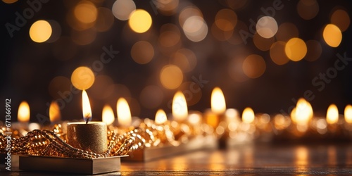 golden hanukkah menorah on grey jewish abstract religion, magnificent menorah with burning candles, photo