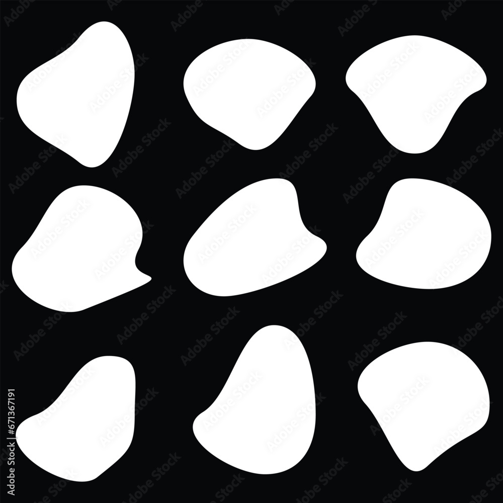 Modern liquid irregular blob shape abstract elements graphic flat style design fluid vector illustration set.
