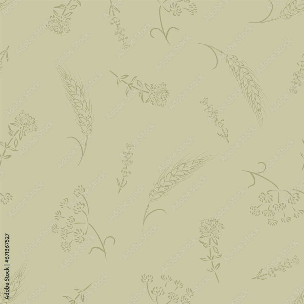 Fototapeta premium Floral seamless pattern. Botanical background. Vector outline illustration of wild herb, branch and wheat ears. 