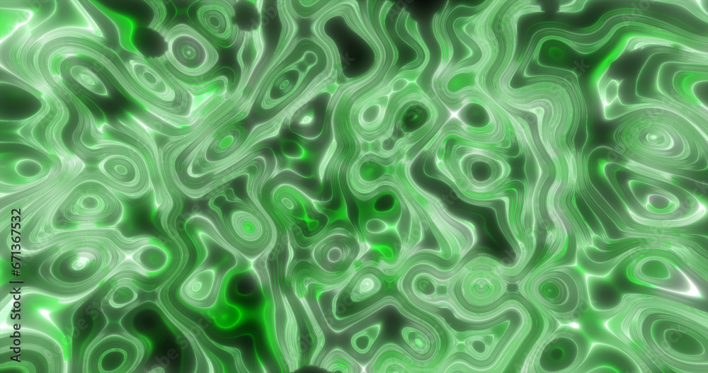 Abstract green waves of iridescent energy liquid and magical bright glowing lines, background