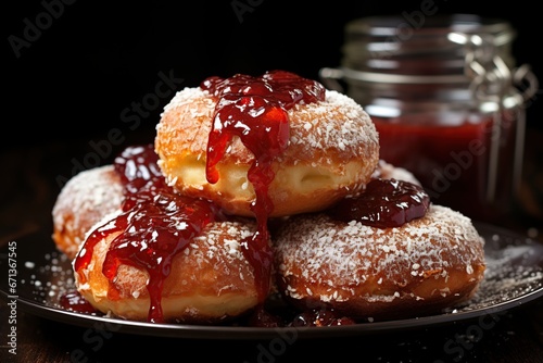 hanukkah sweet food doughnuts with sugar powder and jam
