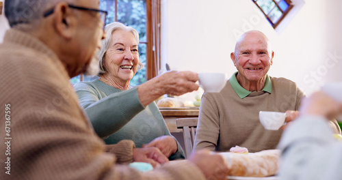 Photography Toast, tea party and a group of elderly people in the living room of a community home for a social