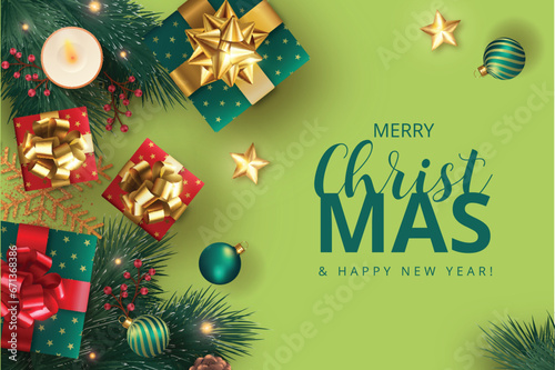 merry christmas background with realistic ornaments presents