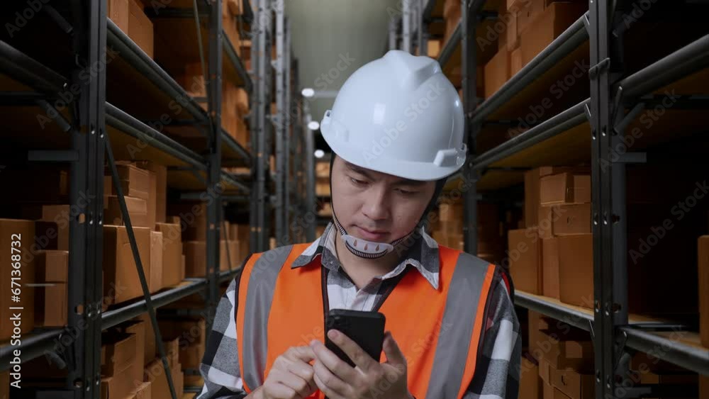 Close Up Of Asian Male Engineer With Safety Helmet Using Smartphone And Looking Around While Standing In The Warehouse With Shelves Full Of Delivery Goods
Close Up Of Asian Male Engineer With Safety Helmet Using Smartphone And Looking Around While Standing In The Warehouse With Shelves Full Of Delivery Goods