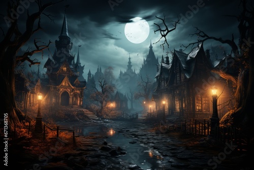 Wooden Haunted house and full moon. Spooky Old Haunted house in spooky dark forest.