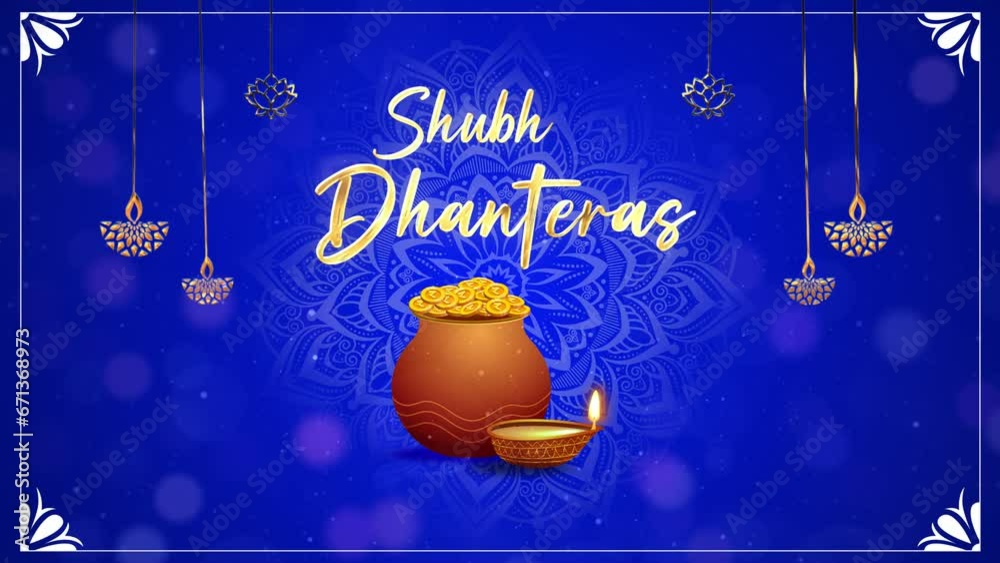 Motion graphic shot of Shubh Dhanteras - an auspicious day  company wish template  company greetings  social media post. Animated shot of an earthen pot filled with gold coins and an oil-lit lamp o...