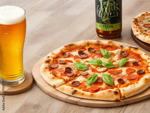 Beer and homemade pizza on a wooden table