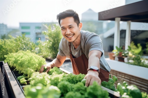 Asian man harvesting fresh vegetables from rooftop greenhouse garden