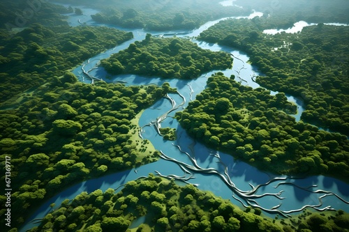 a beautiful bird's eye view of a winding river amidst green forest and hills Generative AI © Asma