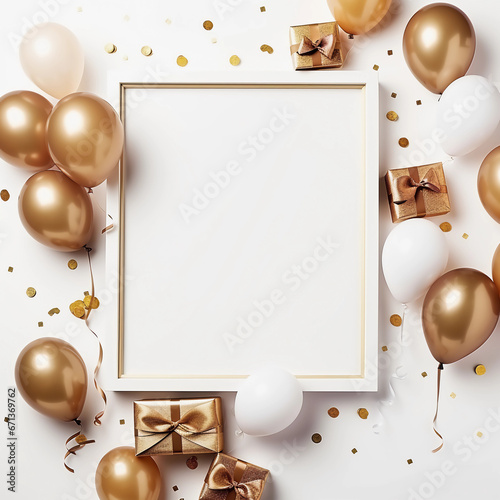 Decoration luxury balloons, golden balloons with confetti, gift and frame. New year, Anniversary and Birthday party decoration, Birthday Party card and background elements. Generative AI