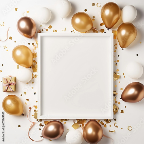 Decoration luxury balloons, golden balloons with confetti, gift and frame. New year, Anniversary and Birthday party decoration, Birthday Party card and background elements. Generative AI