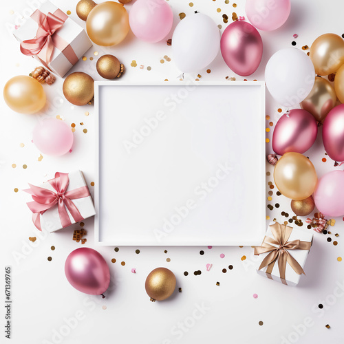 Decoration colorful balloons with confetti, gift and frame. New year, Anniversary and Birthday party decoration, Birthday Party card and background elements. Generative AI