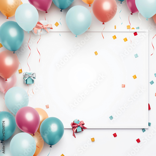 Decoration colorful balloons with confetti, gift and frame. New year, Anniversary and Birthday party decoration, Birthday Party card and background elements. Generative AI