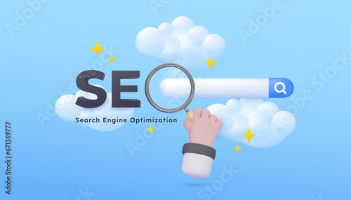 seo search engine optimization with magnifying glass on search bar Illustrations
