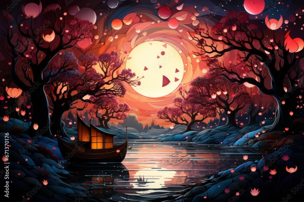 Fantasy landscape with a lake, trees, clouds and full moon. Moonlight. Starry sky.