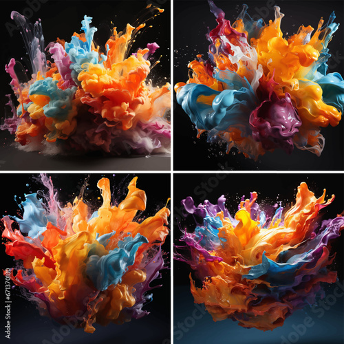 set of flames explode ethnicity splashing burst explosion destruction ink rainbow spray falling dye fantasy