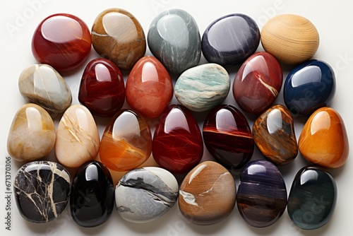 Collection of tumbled stones, each carrying its own metaphysical significance, on isolated on white background, Generative AI