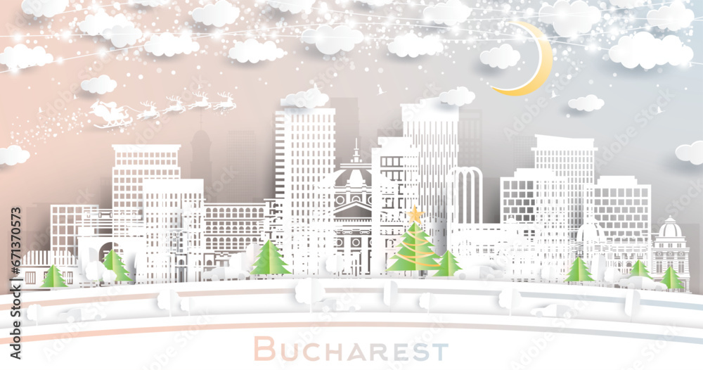 Bucharest Romania. Winter city skyline in paper cut style with snowflakes, moon and neon garland. Christmas and new year concept. Santa Claus. Bucharest cityscape with landmarks.