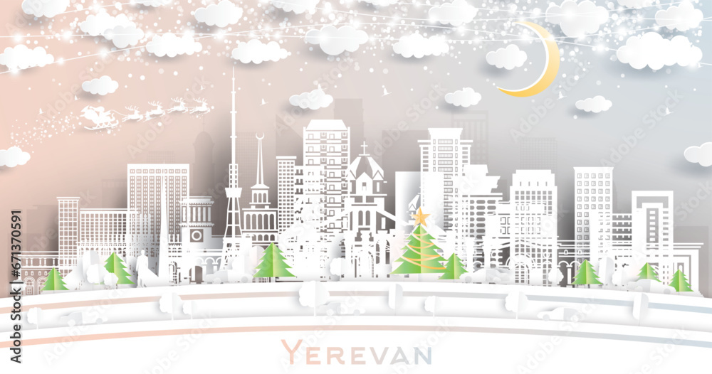 Obraz premium Yerevan Armenia. Winter city skyline in paper cut style with snowflakes, moon and neon garland. Christmas and new year concept. Santa Claus. Yerevan cityscape with landmarks.