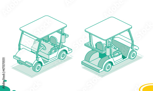 Golf cart isolated on white background. Isometric golf car symbol. Front and back view.