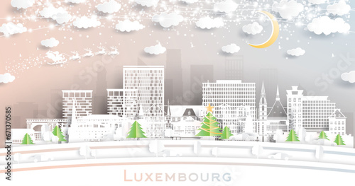 Luxembourg city. Winter city skyline in paper cut style with snowflakes, moon and neon garland. Christmas and new year concept. Santa Claus. Luxembourg cityscape with landmarks.