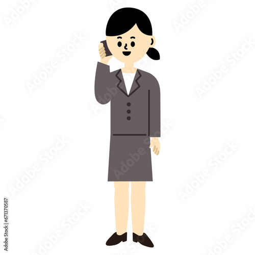 ビジネスパーソン　スマートフォンで通話　仕事　女性　スーツ　全身　イラスト	