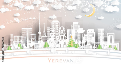 Yerevan Armenia. Winter city skyline in paper cut style with snowflakes  moon and neon garland. Christmas and new year concept. Santa Claus. Yerevan cityscape with landmarks.