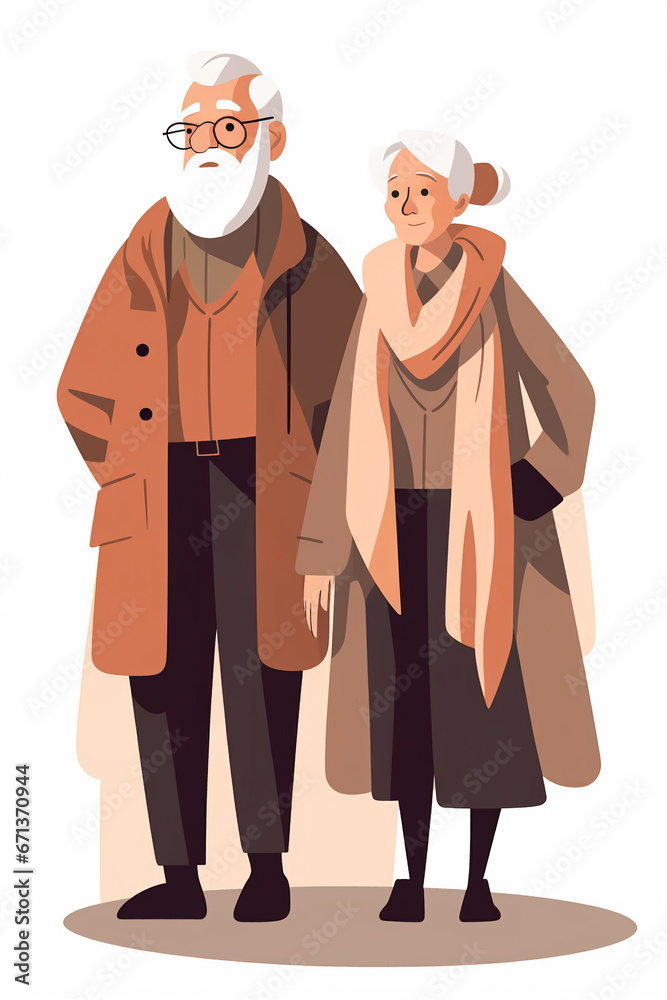 Portrait of senior couple of old people isolated on white background. Aged man and woman standing together. Colored flat illustration of retired gray-haired grandmother and grandfather Portrait of senior couple of old people isolated on white background. Aged man and woman standing together. Colored flat illustration of retired gray-haired grandmother and grandfather