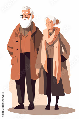 Portrait of senior couple of old people isolated on white background. Aged man and woman standing together. Colored flat illustration of retired gray-haired grandmother and grandfather