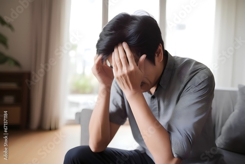 frustrated asian man looking down holding head at home