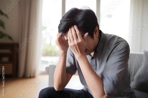 frustrated asian man looking down holding head at home © Salsabila Ariadina