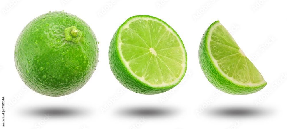 Set of lime has water drop with slices isolated on white background.