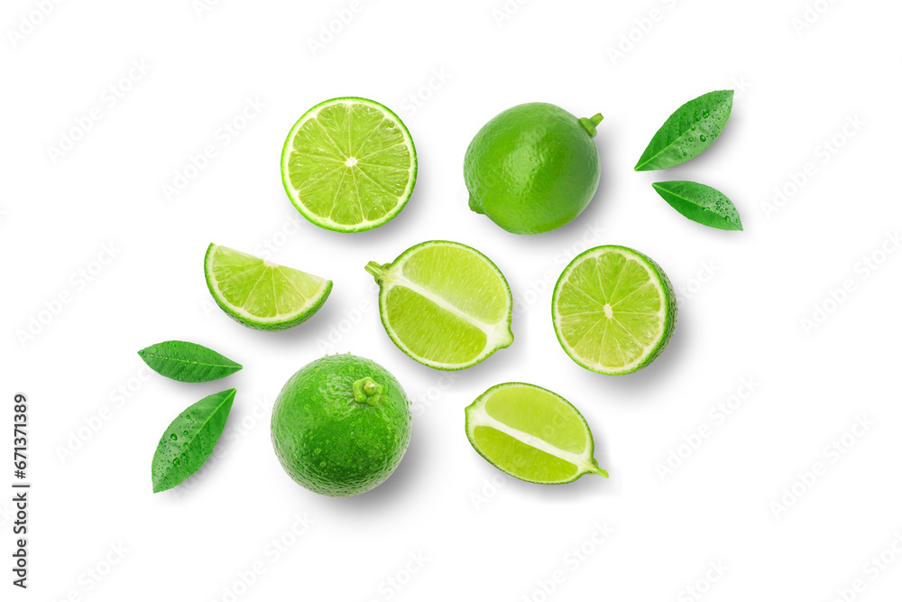 Set of lime has water drop with slices and green leaf isolated on white background , top view , flat lay.
