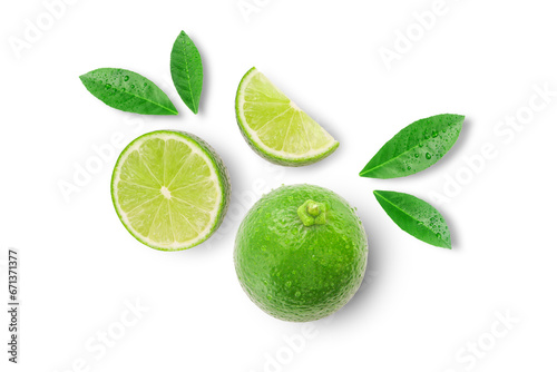 Lime has water drop with slices and leaf isolated on white background , top view , flat lay.