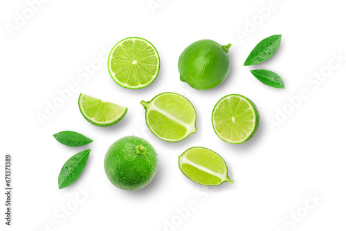 Set of lime has water drop with slices and green leaf isolated on white background , top view , flat lay.