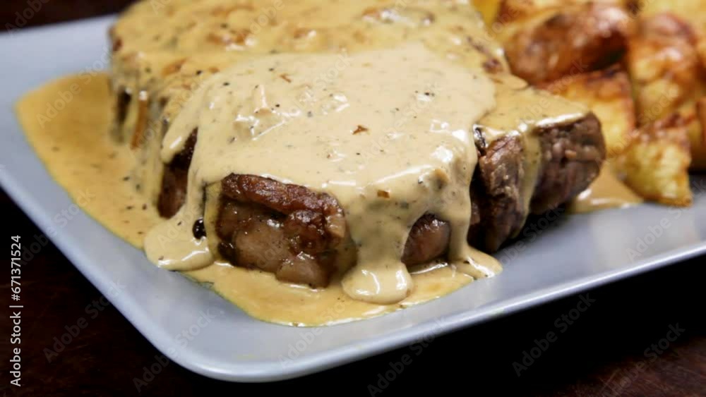 Pouring and Cutting a Scotch Fillet Steak with Pepper Sauce 