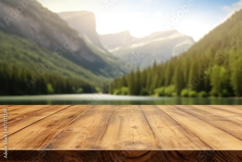 The empty wooden brown table top with blur background of river and mountain. Exuberant image. generative AI
