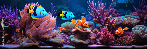 A colorful underwater ballet  Clownfish navigating the vibrant coral reef tapestry © Saran